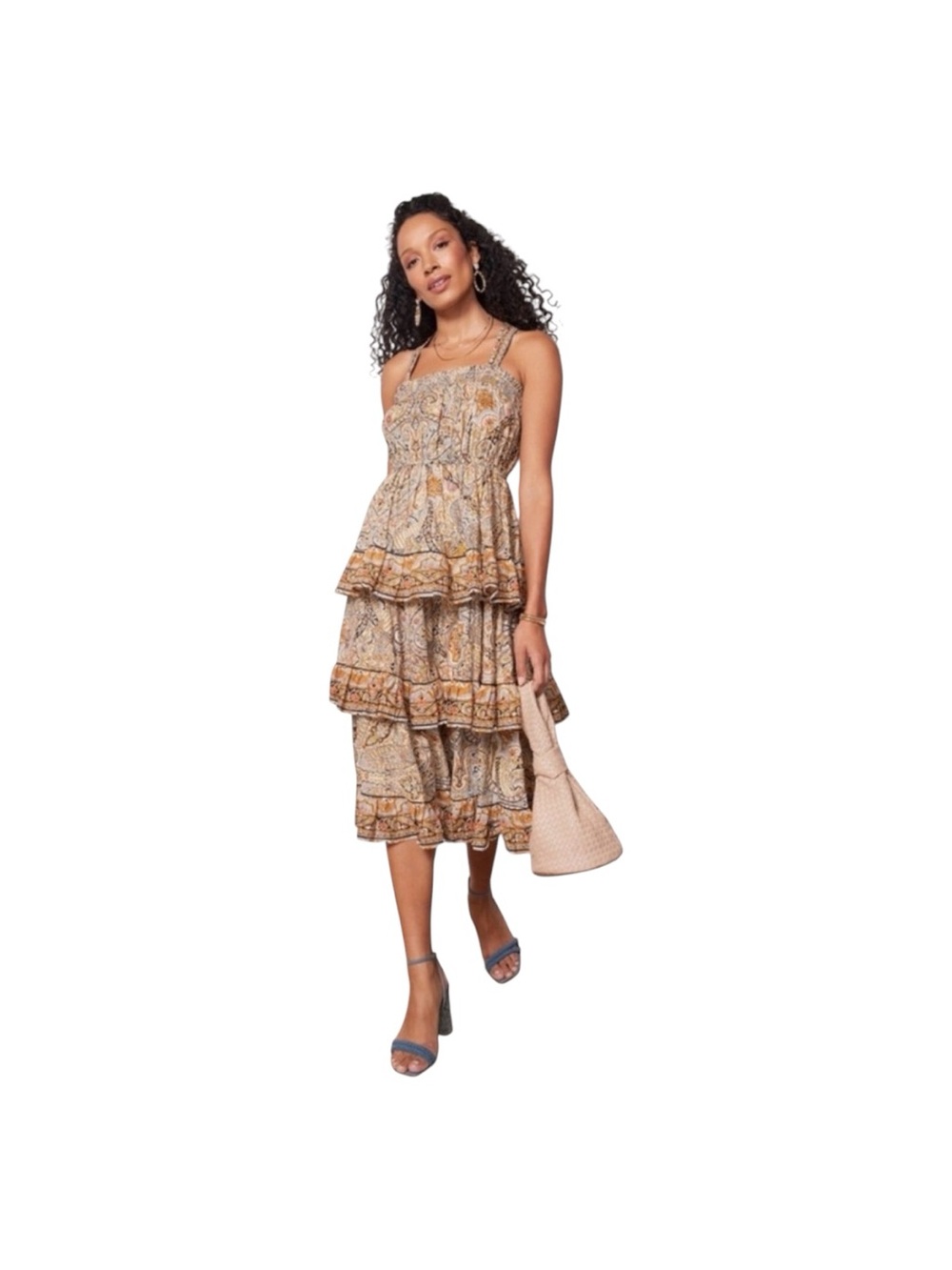 Cleobla Rosalie Tierred Ruffled Adjustable Strap Paisley Organic Cotton Dress M